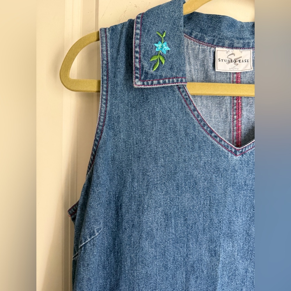 90’s studio ease Embroidered Denim maxi dress sz 12 picnic casual cottage - Picture 5 of 8